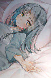 Rule 34 | 1girl, bed, blush, brown eyes, closed mouth, collarbone, comah, commentary request, fingernails, grey hair, hair down, kantai collection, kasumi (kancolle), long hair, long sleeves, looking at viewer, looking to the side, lying, on back, pillow, solo, under covers, wavy mouth, wide sleeves
