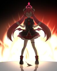 Rule 34 | 1girl, black footwear, black horns, black jacket, blue archive, blush, brown wings, demon horns, demon wings, food, full body, halo, highres, horns, jacket, junko (blue archive), long hair, nanju bami, open mouth, pleated skirt, red hair, red halo, red skirt, shoes, short sleeves, skirt, solo, standing, tears, thigh strap, twintails, wings