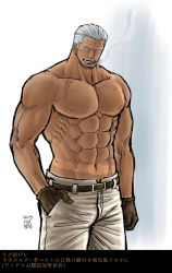 Rule 34 | 1boy, abs, alternate skin color, bara, beard, belt, brown belt, cigar, dark-skinned male, dark skin, facial hair, feet out of frame, highres, kokorozashi, large pectorals, leather belt, looking at viewer, male focus, mature male, muscular, muscular male, navel, nipples, one piece, pants, pectorals, scar, scar on chest, topless male, short hair, sideburns, smoke, smoker (one piece), smoking, solo, stomach, stubble, translation request, white hair, white pants