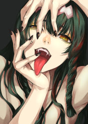 Rule 34 | 1girl, bags under eyes, black hair, black lips, black nails, character request, copyright request, fangs, female focus, hairband, hands on own face, highres, iro marimo, looking at viewer, multicolored hair, nail polish, open mouth, pale skin, slit pupils, solo, streaked hair, teeth, tongue, tongue out, yellow eyes