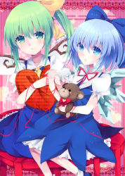 Rule 34 | 2girls, bad id, bad pixiv id, blue hair, bow, cirno, daiyousei, dress, green hair, hair bow, holding hands, heart, long hair, multiple girls, nonaka, ribbon, short hair, side ponytail, smile, string, string of fate, stuffed animal, stuffed toy, teddy bear, touhou, wings