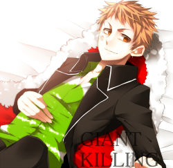 Rule 34 | 1boy, bed, brown eyes, brown hair, capelet, giant killing, male focus, mochida, short hair, smile, solo, white background