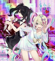 Rule 34 | 2girls, ame-chan (needy girl overdose), aramu, black hair, black nails, black ribbon, blue bow, blue eyes, blue hair, bow, chouzetsusaikawa tenshi-chan, collarbone, drill hair, drugs, dual persona, glitch, grey eyes, heart, highres, holographic clothing, knife, large bow, long sleeves, looking at viewer, multicolored hair, multicolored nails, multiple girls, nail polish, needy girl overdose, one eye closed, one eye covered, open mouth, pill, pink bow, pink hair, pink nails, psychedelic, puffy short sleeves, puffy sleeves, purple bow, red nails, ribbon, self-harm, short hair, short sleeves, sidelocks, skirt, slit wrist, standing, suspender skirt, suspenders, thighs, tongue, twin drills, twintails, white hair, yellow bow