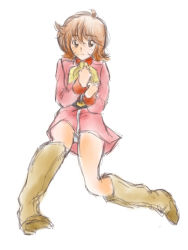 Rule 34 | 1girl, boots, brown eyes, brown hair, depo (depo1964), female focus, fraw bow, gundam, mobile suit gundam, simple background, solo, uniform