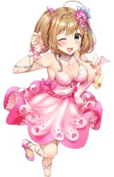 Rule 34 | 1girl, ahoge, bare shoulders, blush, breasts, brown hair, bvucki36gzoeq1c, cleavage, collarbone, green eyes, hair ornament, heart, highres, idolmaster, idolmaster cinderella girls, jewelry, looking at viewer, medium breasts, necklace, one eye closed, open mouth, sato shin, short twintails, smile, solo, twintails