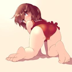 Rule 34 | 1girl, all fours, arm support, barefoot, blush, brown eyes, brown hair, casual one-piece swimsuit, feet, foot focus, hair ornament, hairpin, head tilt, long hair, looking at viewer, looking back, one-piece swimsuit, red one-piece swimsuit, simple background, smile, solo, swimsuit, toenails, toes, white background