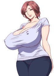 Rule 34 | 1girl, breasts, brown hair, cleavage, copyright request, cowboy shot, denim, covered erect nipples, gigantic breasts, highres, jeans, lips, mature female, nipples, pants, shirt, short hair, simple background, solo, tatsunami youtoku, white background