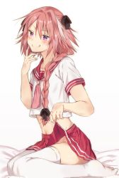 Rule 34 | 1boy, :q, astolfo (fate), astolfo (sailor paladin) (fate), bed sheet, black bow, blush, bow, braid, clothes lift, commentary request, fate/apocrypha, fate (series), from side, hair bow, hair intakes, hand up, highres, isabelle bosworth, long hair, male focus, midriff, multicolored hair, navel, necktie, no panties, official alternate costume, pink hair, pink necktie, pleated skirt, purple eyes, red sailor collar, red skirt, sailor collar, shirt, short sleeves, single braid, skirt, skirt lift, smile, solo, streaked hair, thighhighs, tongue, tongue out, trap, white shirt, white thighhighs
