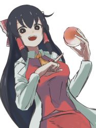 Rule 34 | 1girl, black eyes, black hair, bow, breasts, bright pupils, coat, collared shirt, commentary request, cookie (touhou), cowboy shot, food, fruit, hair bow, hair tubes, hakurei reimu, highres, holding, holding food, holding fruit, johnnyyyyy, lab coat, long hair, looking at viewer, medium breasts, necktie, open mouth, peach, red bow, red shirt, red skirt, shinonome (cookie), shirt, simple background, skirt, solo, touhou, white background, white coat, white pupils, yellow necktie