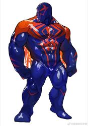 Rule 34 | 1boy, alternate muscle size, animal print, artist request, bara, blue bodysuit, bodysuit, broad shoulders, bulge, clenched hands, full body, highres, large pectorals, looking to the side, male focus, marvel, mask, muscular, muscular male, pectorals, print bodysuit, red bodysuit, solo, spider-man: across the spider-verse, spider-man (2099), spider-man (series), spider-verse, spider print, thick arms, thighs, two-tone bodysuit, v-taper