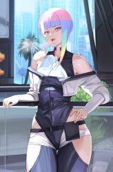 Rule 34 | 1girl, absurdres, arm rest, bare shoulders, black bodysuit, black leotard, blue eyes, bodysuit, cigarette, clothing cutout, commentary, cowboy shot, cropped jacket, cyberpunk (series), cyberpunk edgerunners, cyborg, dolri, hand on own hip, highres, hip vent, iridescent, jacket, leotard, long sleeves, looking at viewer, lucy (cyberpunk), mouth hold, multicolored hair, short hair, short shorts, shorts, sidelocks, smoke, smoking, solo, thigh gap, thighs, white jacket, white shorts