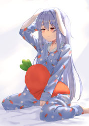 Rule 34 | 1girl, 6mint, absurdres, animal ears, arm behind head, arm up, bed sheet, blue hair, blue pajamas, blue pants, blue shirt, blush, breasts, carrot print, closed mouth, collared shirt, commentary request, dress shirt, food print, hair between eyes, hair down, highres, hololive, long hair, looking at viewer, pajamas, pants, polka dot, polka dot pajamas, polka dot pants, polka dot shirt, print pajamas, print pants, print shirt, rabbit ears, red eyes, shirt, short eyebrows, sitting, sleepy, small breasts, solo, stuffed carrot, thick eyebrows, usada pekora, very long hair, virtual youtuber, waking up, wariza