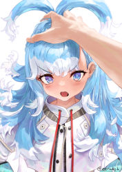 Rule 34 | 1boy, 1girl, blue eyes, blue hair, blush, commentary, drawstring, ear piercing, earrings, headpat, highres, hololive, hololive indonesia, jacket, jewelry, kobo kanaeru, long hair, multicolored hair, open mouth, out of frame, piercing, simple background, solo focus, stud earrings, twitter username, two-tone hair, upper body, v-shaped eyebrows, very long hair, virtual youtuber, white background, white hair, white jacket, zeradok