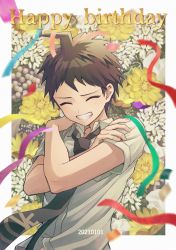Rule 34 | 1boy, ^ ^, absurdres, ahoge, brown hair, closed eyes, collared shirt, commentary request, crossed arms, danganronpa (series), danganronpa 2: goodbye despair, dated, facing viewer, floral background, flower, green necktie, grin, haizai, hands on own shoulders, happy birthday, highres, hinata hajime, male focus, necktie, shirt, short hair, short sleeves, smile, solo, white flower, yellow flower