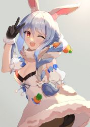 Rule 34 | 1girl, ;d, absurdres, animal ear fluff, animal ears, ass, black gloves, black leotard, black pantyhose, blue hair, braid, breasts, carrot hair ornament, clothing cutout, coat, coat dress, cowboy shot, detached sleeves, don-chan (usada pekora), dress, food-themed hair ornament, fur-trimmed coat, fur-trimmed gloves, fur scarf, fur trim, gloves, grey background, hair between eyes, hair ornament, highres, hikimayu, hololive, huge filesize, leotard, leotard under clothes, long hair, looking at viewer, medium breasts, multicolored hair, myaasawa, one eye closed, open mouth, orange eyes, pantyhose, playboy bunny, puffy short sleeves, puffy sleeves, rabbit-shaped pupils, rabbit ears, rabbit girl, rabbit tail, scarf, short eyebrows, short sleeves, smile, solo, strapless, strapless coat, strapless dress, strapless leotard, swept bangs, symbol-shaped pupils, tail, tail through clothes, teeth, thick eyebrows, twin braids, twintails, twisted torso, two-tone hair, underboob cutout, upper teeth only, usada pekora, usada pekora (1st costume), virtual youtuber, white coat, white hair, white scarf, white sleeves