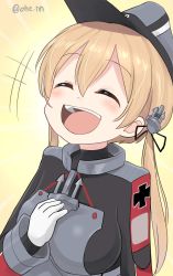Rule 34 | 1girl, ^ ^, ahenn, blonde hair, breasts, closed eyes, emphasis lines, gloves, hair between eyes, hat, highres, kantai collection, large breasts, laughing, long hair, long sleeves, military, military uniform, open mouth, peaked cap, prinz eugen (kancolle), smile, solo, twitter username, uniform, upper body, white gloves