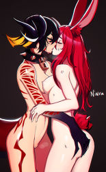 Rule 34 | 2girls, animal ear fluff, animal ears, arm tattoo, ass grab, black dragon girl (distr), black hair, breasts, bunny girl (distr), closed eyes, collar, colored inner hair, completely nude, curled horns, distr, french kiss, from side, gradient skin, hair between eyes, highres, horns, kiss, lock, long hair, medium breasts, medium hair, monster girl, multicolored hair, multiple girls, navel, nipples, nude, original, padlock, padlocked collar, pussy, rabbit ears, rabbit tail, red hair, signature, spiked collar, spikes, standing, tail, tattoo, uncensored, yuri