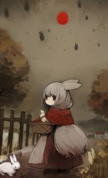 Rule 34 | 1girl, animal ears, apron, basket, black dress, capelet, commentary, dress, enpera, fence, field, grey sky, highres, holding, holding basket, long sleeves, looking at viewer, looking back, original, rabbit, rabbit ears, rabbit girl, red capelet, red eyes, red sun, scarf, shirokujira, shirt, sky, solo, surreal, town, tree, white apron, white hair, white shirt