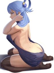 Rule 34 | 1girl, absurdres, adjusting hair, alternate costume, aqua (konosuba), ass, back, backless outfit, black thighhighs, blue eyes, blue hair, blue sweater, breasts, butt crack, closed mouth, commentary, english commentary, from side, full body, hair behind ear, hair ornament, halterneck, highres, kono subarashii sekai ni shukufuku wo!, large breasts, long hair, looking at viewer, meme attire, pplord, seiza, shadow, sideboob, single hair ring, sitting, soles, solo, sweater, thighhighs, toes, turtleneck, turtleneck sweater, virgin killer sweater, white background