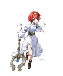 Rule 34 | 1girl, boots, dress, fire emblem, fire emblem: mystery of the emblem, fire emblem heroes, full body, highres, injury, jewelry, kaya8, maria (fire emblem), necklace, nintendo, official art, red eyes, red hair, ryona, solo, staff, tiara, torn clothes, torn dress, transparent background, white dress