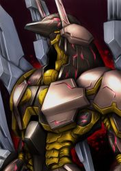 Rule 34 | anubis (z.o.e.), black background, glowing, glowing eye, highres, hiraken, horns, mecha, no humans, orbital frame (zone of the enders), red eyes, robot, science fiction, solo, upper body, zone of the enders