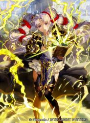 Rule 34 | 1girl, book, bracelet, capelet, company name, curly hair, electricity, fire emblem, fire emblem: genealogy of the holy war, fire emblem cipher, jewelry, leaf, long hair, mayo (becky2006), multi-tied hair, nintendo, official art, purple eyes, purple hair, solo, thighhighs, tine (fire emblem), twintails