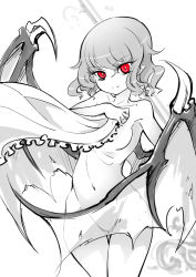 Rule 34 | 1girl, bat wings, breasts, fang, greyscale, highres, looking at viewer, monochrome, navel, nude, pointy ears, pussy, raptor7, red eyes, remilia scarlet, short hair, small breasts, solo, spot color, thighs, touhou, transparent wings, wings