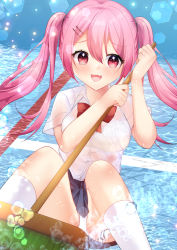 Rule 34 | 1girl, :d, black skirt, blush, bow, bra, bra visible through clothes, breasts, broom, collared shirt, commentary request, dress shirt, fang, feet out of frame, hair between eyes, hair ornament, hairclip, highres, holding, holding broom, long hair, looking at viewer, medium breasts, misaki (misaki86), open mouth, original, panties, pink hair, pleated skirt, red bow, red eyes, school uniform, see-through, shirt, short sleeves, skirt, smile, socks, solo, twintails, underwear, very long hair, water, white bra, white panties, white shirt, white socks