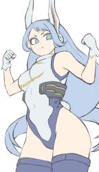 Rule 34 | 1girl, :i, absurdres, animal ears, blue eyes, blue hair, boku no hero academia, clenched hands, cosplay, covered navel, crescent print, fake tail, fengling (furin-jp), fur collar, gloves, hadou nejire, hands up, heattech leotard, highleg, highleg leotard, highres, leotard, long hair, mirko, mirko (cosplay), rabbit ears, rabbit tail, simple background, sleeveless, sleeveless turtleneck, sleeveless turtleneck leotard, solo, superhero costume, tail, taut leotard, turtleneck, white background, white gloves, white leotard
