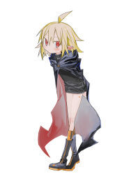 1girl ahoge arms_behind_back black_cloak black_footwear black_sweater blonde_hair blush boots chrogire/girection cloak closed_mouth full_body highres hood hood_down hooded_cloak knee_boots kneehighs kokaki_mumose leaning_forward long_pointy_ears long_sleeves looking_at_viewer natsuka_(chrogire) orange_socks pointy_ears red_eyes simple_background socks solo standing sweater white_background