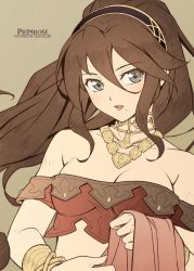 Rule 34 | 1girl, blush, bracelet, brown hair, dancer, jewelry, long hair, looking at viewer, necklace, octopath traveler, octopath traveler i, primrose azelhart, simple background, solo, you haruka