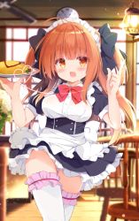 Rule 34 | 1girl, :d, ahoge, apron, black bow, black dress, blurry, blurry background, blush, bow, breasts, brown eyes, brown hair, chair, clock, collared shirt, commentary request, day, depth of field, dress, dress shirt, food, frilled apron, frilled dress, frilled thighhighs, frills, gluteal fold, groin, hair bow, hands up, heart, holding, holding tray, index finger raised, indoors, kujou danbo, long hair, maid, maid headdress, medium breasts, no panties, omelet, omurice, open mouth, original, puffy short sleeves, puffy sleeves, red bow, romaji text, shirt, short sleeves, smile, solo, table, thighhighs, tray, two side up, very long hair, wall clock, white apron, white shirt, white thighhighs, window