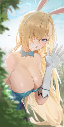 Rule 34 | 1girl, absurdres, animal ears, asuna (blue archive), asuna (bunny) (blue archive), black pantyhose, blonde hair, blue archive, blue bow, blue bowtie, blue eyes, blue halo, blue leotard, blush, bow, bowtie, breasts, cleavage, detached collar, fake animal ears, gloves, grin, hair over one eye, halo, highres, kji (rozo), large breasts, leotard, long hair, looking at viewer, mole, mole on breast, official alternate costume, pantyhose, rabbit ears, smile, solo, white gloves