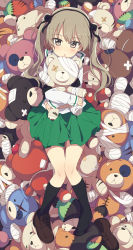 Rule 34 | 10s, 1girl, bandages, bandaid, black socks, blush, boko (girls und panzer), full body, girls und panzer, green skirt, highres, holding, holding stuffed toy, kneehighs, knees together feet apart, long hair, looking at viewer, lying, ogipote, on back, ooarai school uniform, parted lips, revision, school uniform, shimada arisu, shirt, shoes, unworn shoes, single shoe, skirt, socks, stuffed animal, stuffed toy, teddy bear, thighhighs, twintails, white shirt