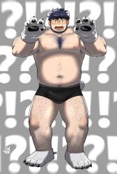 Rule 34 | 1boy, :d, animal feet, bara, bear paws, belly, blue hair, blush, bulge, chest tuft, facial hair, full body, glasses, green eyes, hairy, hands up, highres, jeck (2184521), large pectorals, live a hero, looking at viewer, male focus, muscular, muscular male, mustache stubble, navel, navel hair, nipples, open mouth, paw pose, pectorals, santetsu (live a hero), short hair, shy, smile, solo, sparse chest hair, standing, stomach, stubble, thick arm hair, thick eyebrows, thick thighs, thighs, topless male