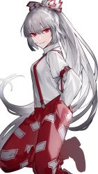 Rule 34 | 1girl, absurdres, arm belt, boots, bow, collared shirt, commentary, foot out of frame, fujiwara no mokou, grey hair, grin, hair between eyes, hair bow, hands in pockets, highres, long hair, long sleeves, looking at viewer, pants, red bow, red eyes, red pants, shirt, shuukenyuu, simple background, smile, solo, suspenders, touhou, two-tone bow, very long hair, white background, white bow, white shirt