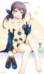 Rule 34 | 1girl, ahoge, asymmetrical bangs, bag, barefoot, blue footwear, blue jacket, dress, unworn eyewear, feet, feet out of frame, fujinami (kancolle), hair ribbon, holding, holding removed eyewear, holding shoes, jacket, kantai collection, long hair, mary janes, multicolored clothes, multicolored dress, purple hair, revision, ribbon, rui shi (rayze ray), shoes, unworn shoes, side ponytail, sitting, sleeveless, sleeveless dress, smile, solo, toes, twitter username, two-tone background, white ribbon, yellow dress, yellow eyes