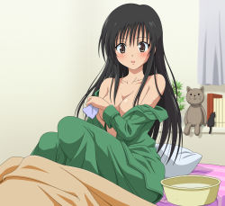 Rule 34 | 00s, 1girl, bed, black hair, blush, breasts, brown eyes, cleavage, highres, kotegawa yui, no bra, open clothes, open shirt, pajamas, shirt, solo, stuffed animal, stuffed toy, sweat, to love-ru, toshi (anime coloring), towel