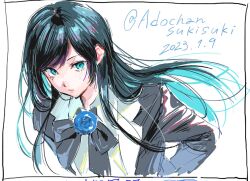 Rule 34 | 1girl, ado (utaite), adochansukisuki, black bow, black bowtie, black hair, black jacket, blue eyes, blue flower, blue hair, blue rose, blush, bow, bowtie, chando (ado), cloud nine inc, collared shirt, colored inner hair, commentary request, dated, floating hair, flower, flower brooch, jacket, long hair, looking at viewer, mole, mole under eye, multicolored hair, parted lips, rose, shirt, simple background, solo, twitter username, two-tone hair, upper body, utaite, white background, white shirt