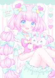 Rule 34 | 1girl, :d, animal ears, bear ears, bear hair ornament, blue bow, blue choker, blue shorts, blush, bow, choker, commentary request, english text, feet out of frame, green eyes, green sailor collar, hair bow, hair ornament, heart, highres, himetsuki luna, knees up, long hair, open mouth, original, pink hair, puffy short sleeves, puffy shorts, puffy sleeves, sailor collar, shirt, short shorts, short sleeves, shorts, smile, solo, stuffed animal, stuffed toy, symbol-shaped pupils, teddy bear, twintails, very long hair, white bow, white shirt