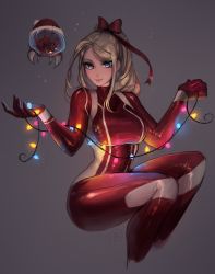 Rule 34 | 1girl, absurdres, adapted costume, alien, alternate color, bad id, bad tumblr id, blonde hair, blue eyes, bodysuit, breasts, christmas, christmas lights, closed mouth, commentary, cropped legs, grey background, hair ribbon, hands up, highres, invisible chair, large breasts, lips, long hair, looking at viewer, matilda fiship, metroid, metroid (creature), nintendo, patreon logo, patreon username, pink lips, ponytail, red bodysuit, red ribbon, ribbon, samus aran, simple background, sitting, smile, solo, zero suit