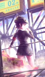 Rule 34 | 10s, 1girl, absurdres, black eyes, black hair, chouno ami, commentary request, day, female service cap, flag, from behind, girls und panzer, green hat, green jacket, green skirt, hat, highres, holding, holding flag, huira444, jacket, japan ground self-defense force, japan self-defense force, korean text, long sleeves, military, military hat, military uniform, miniskirt, outdoors, parted lips, pencil skirt, short hair, skirt, smoke, solo, standing, twitter username, uniform, whistle