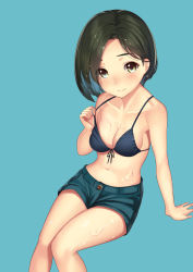 Rule 34 | 1girl, arm at side, asymmetrical hair, bare arms, bare legs, bare shoulders, bikini, bikini top only, blue background, blush, breasts, buttons, cleavage, closed mouth, collarbone, denim, denim shorts, front-tie top, green eyes, green hair, highres, kagematsuri, looking at viewer, matching hair/eyes, original, short hair, short shorts, shorts, simple background, smile, solo, strap pull, suggestive fluid, swimsuit, tareme, thighs