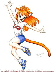 Rule 34 | 00s, 1girl, 2004, animal ears, bewildered, blue eyes, blue footwear, blue shorts, breasts, cat ears, cat girl, cat tail, clothes writing, denim, denim shorts, fang, jumping, navel, open mouth, red hair, shirt, shoes, short sleeves, shorts, simple background, small breasts, smile, sneakers, socks, tail, white shirt, white socks
