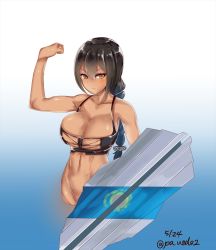 Rule 34 | 1girl, azur lane, bare shoulders, black hair, blue background, blush, braid, breasts, brown eyes, collarbone, commentary request, cowboy shot, dark-skinned female, dark skin, gradient background, hair between eyes, highres, jewelry, kantai collection, large breasts, looking at viewer, muscular, muscular female, native american, navel, paundo2, shield, solo, south dakota (azur lane), standing, water