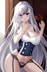 Rule 34 | 1girl, absurdres, azur lane, bare arms, bare shoulders, belfast (azur lane), black panties, blue eyes, blush, breasts, cleavage, collar, collarbone, cowboy shot, garter straps, hands up, highres, large breasts, long hair, looking at viewer, navel, panties, parted lips, red collar, silver hair, smile, solo, thighs, underwear, yan lie