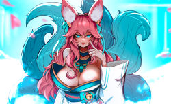 Rule 34 | 1girl, ahri (league of legends), akanbe, animal ear fluff, animal ears, bare shoulders, bell, blue eyes, blue tail, bow, breasts, cleavage, detached sleeves, ehrrr, eyelid pull, facial mark, fox ears, fox girl, fox tail, hair bell, hair bow, hair ornament, hand up, highres, japanese clothes, league of legends, long hair, looking at viewer, multiple tails, nail polish, petals, pink hair, solo, spirit blossom ahri, standing, tail, tongue, tongue out, upper body, whisker markings