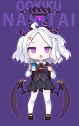 Rule 34 | 1girl, aged down, ahoge, alternate costume, alternate hairstyle, backpack, bag, blue archive, commentary request, demon girl, demon horns, demon wings, forehead, full body, hair ornament, hairclip, halo, highres, hina (blue archive), holding, horns, long hair, long sleeves, looking at viewer, milk carton, necktie, parted bangs, pleated skirt, purple eyes, ran system, randoseru, school uniform, sidelocks, simple background, skirt, solo, standing, thighhighs, two side up, white hair, white thighhighs, wings, zettai ryouiki