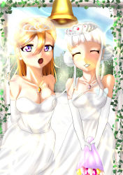 Rule 34 | 2girls, :o, absurdres, arashi chisato, artist name, artist request, bare shoulders, bell, blue sky, blush, bouquet, bow, breasts, closed eyes, cloud, collarbone, day, double bun, dress, dress bow, elbow gloves, female focus, flower, gloves, hair bun, hair over shoulder, hair tie, highres, holding, holding bouquet, jewelry, long hair, looking at viewer, love live!, love live! superstar!!, medium breasts, miniskirt, multiple girls, necklace, orange hair, outdoors, parted lips, plaid, plaid dress, plaid skirt, pleated, pleated dress, pleated skirt, purple eyes, shibuya kanon, skirt, sky, small breasts, smile, teeth, tiara, twintails, veil, wedding dress, white bow, white dress, white gloves, white hair, white skirt, white veil