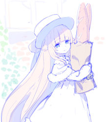 Rule 34 | .live, 1girl, absurdres, animal ears, bag, baguette, blonde hair, bread, brown gloves, capelet, closed mouth, dress, enkyo yuuichirou, food, fur-trimmed capelet, fur trim, gloves, green eyes, groceries, grocery bag, hat, highres, hugging object, long hair, long sleeves, looking at viewer, merry milk, shopping bag, sketch, smile, solo, very long hair, virtual youtuber, white capelet, white dress, white hat